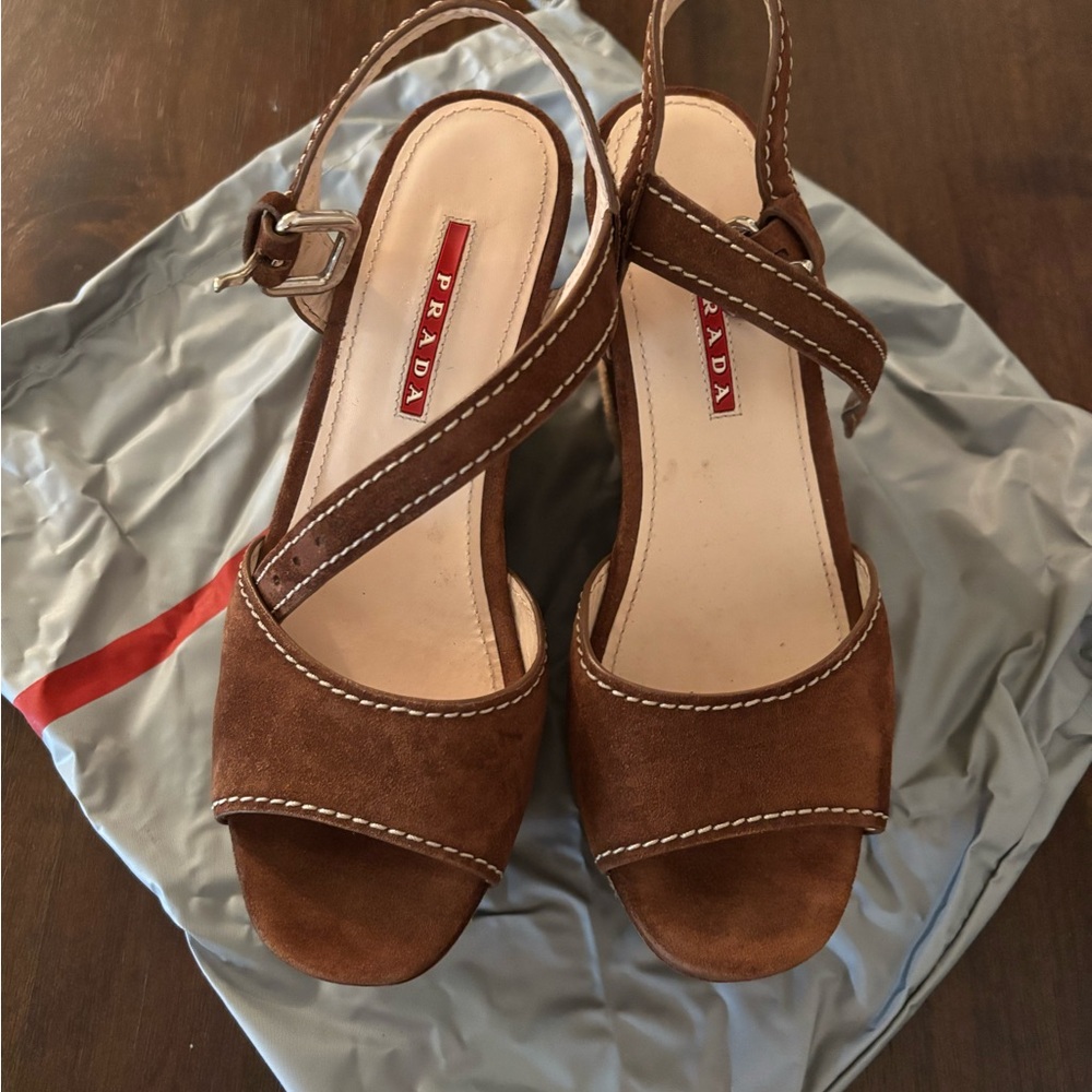 Prada Brown Sandals with Slingback and wedge Heel